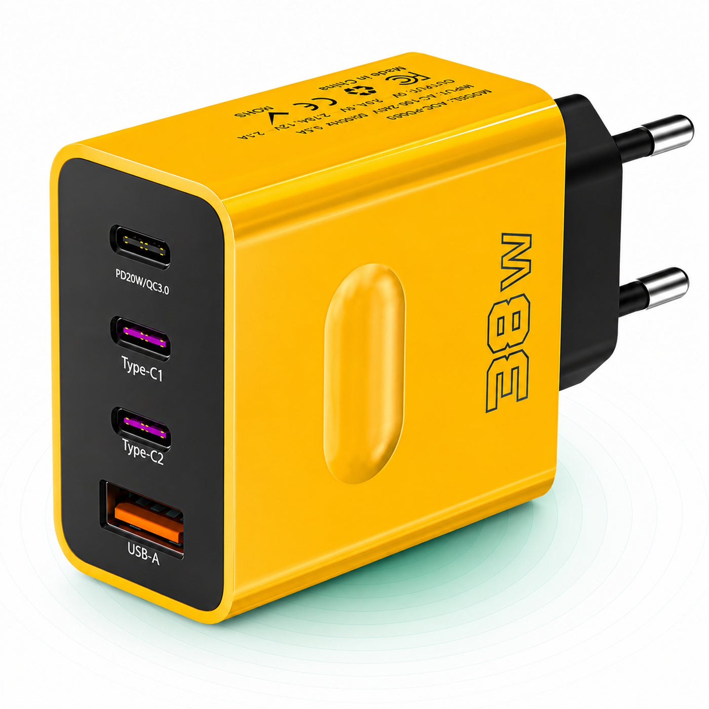 Incarcator Retea Timebox, 4 Porturi, 38W, 3 x Type-C, 1 x USB, Galben