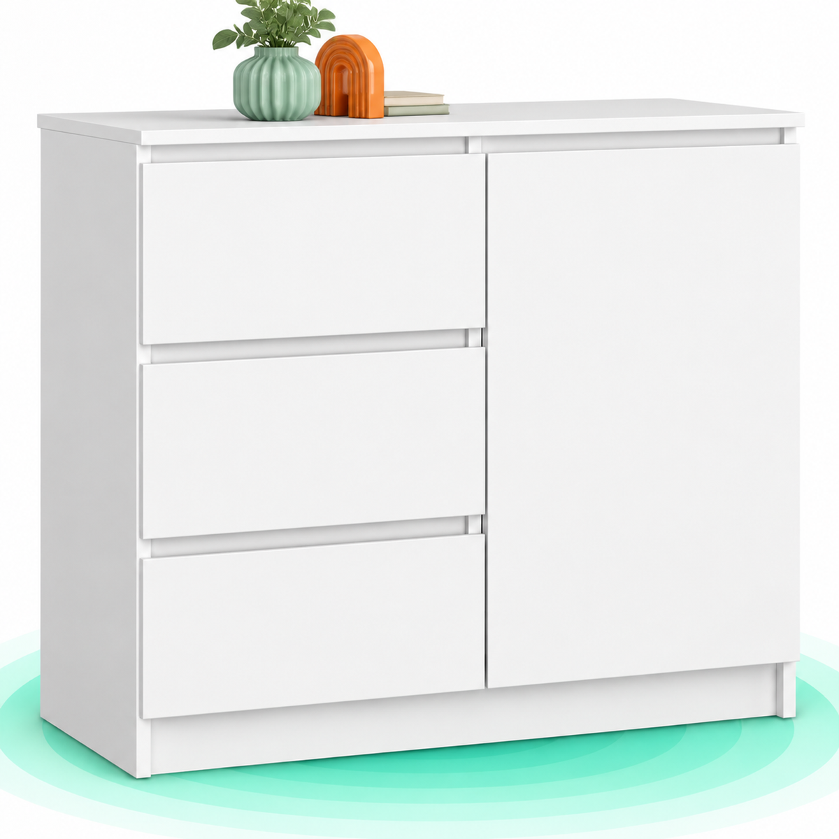 Comoda JERRY cu 3 sertare si dulap cu rafturi, PAL laminat, 80x35x77 cm, alb mat