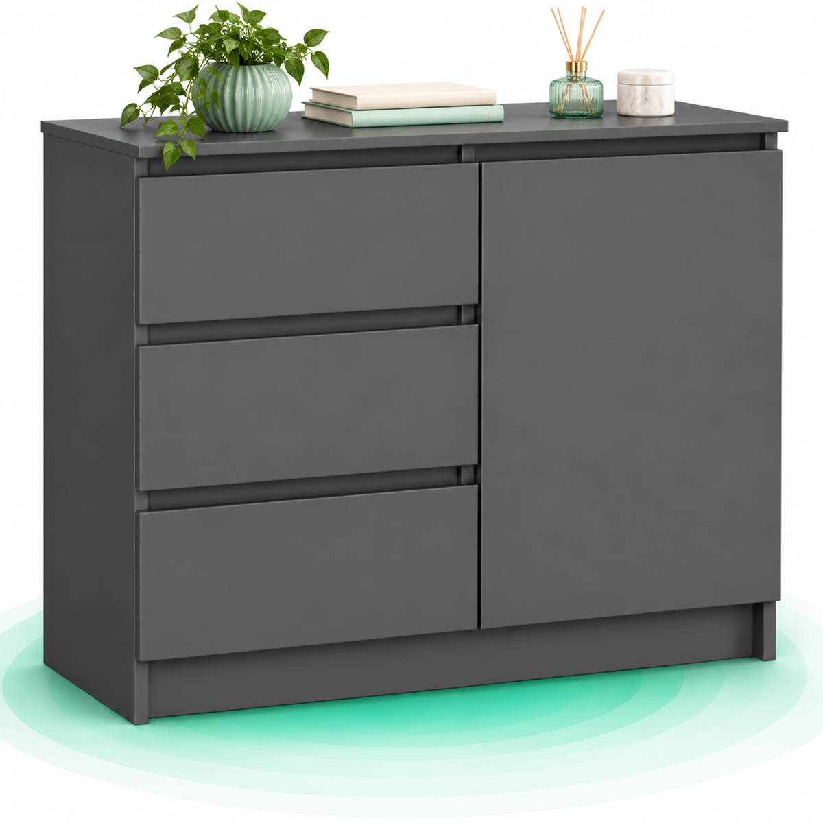 Comoda JERRY cu 3 sertare si dulap cu rafturi, PAL laminat, 80x35x77 cm, gri grafit