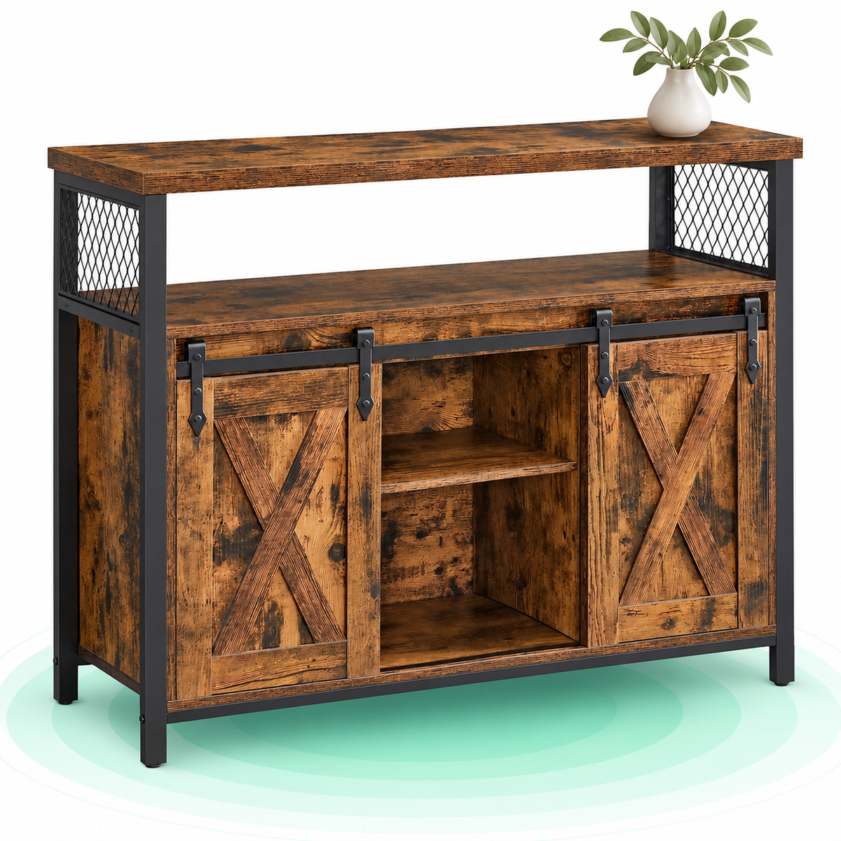 Comoda pentru living sau bucatarie, cu 2 usi glisante, rafturi reglabile, stil rustic, 33x100x80cm, maro si negru