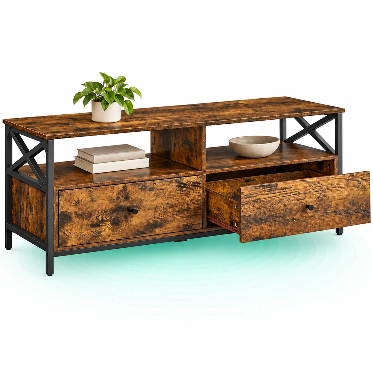 Comoda TV cu 2 sertare si 2 rafturi, cadru metalic, stil industrial, 120x40x50 cm, maro rustic