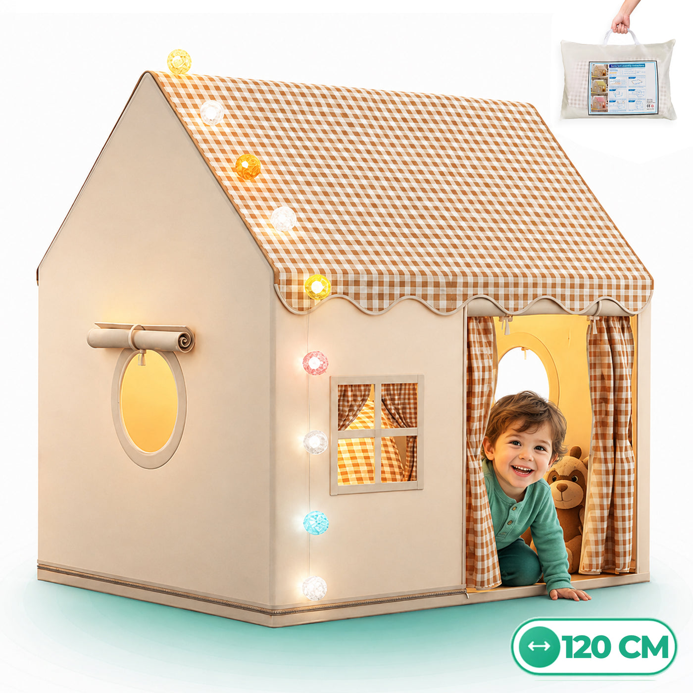 Cort copii tip Casuta de Joaca pentru Baieti, Fete, Pliabil Tip Casa, Asamblare Rapida, Bej