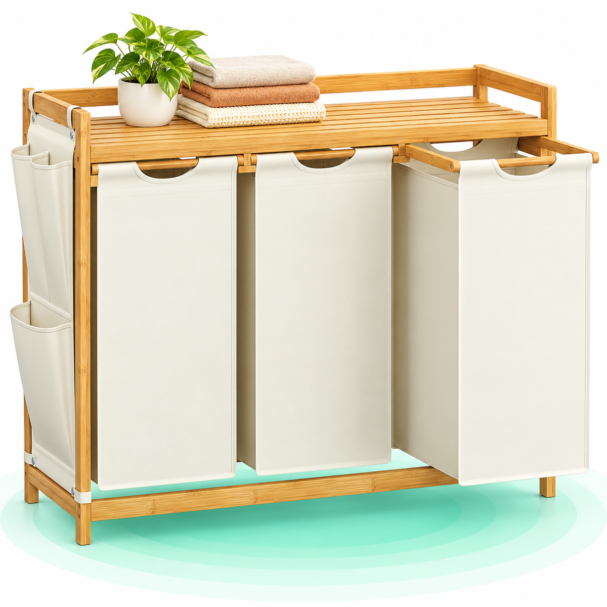 Cos rufe cu 3 compartimente si raft superior din bambus, 3 x 50 litri, saci detasabili, 94x33x78 cm, maro natur