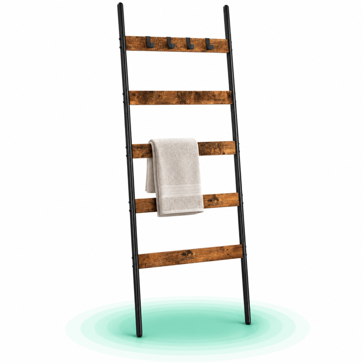Cuier baie tip scara inclinata, cadru din otel cu 5 nivele, agatatori detasabile, 65x178cm, maro rustic si negru