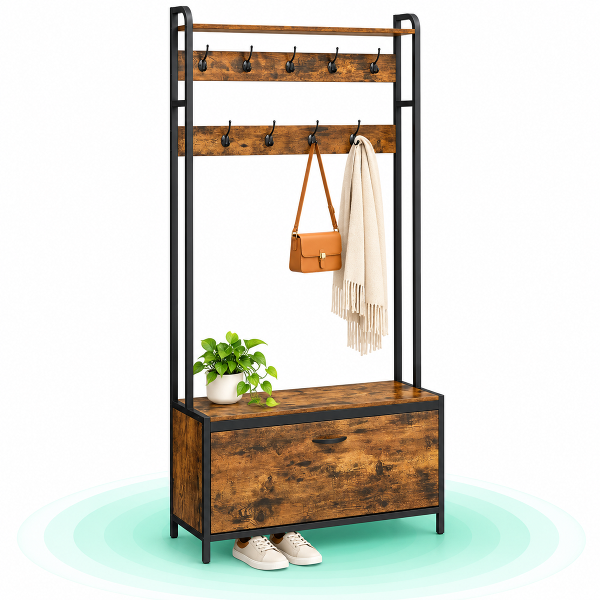 Cuier hol 4 in 1, 9 carlige, banca si dulap pantofi cu usa flip, 85x30x180 cm, maro rustic cu negru