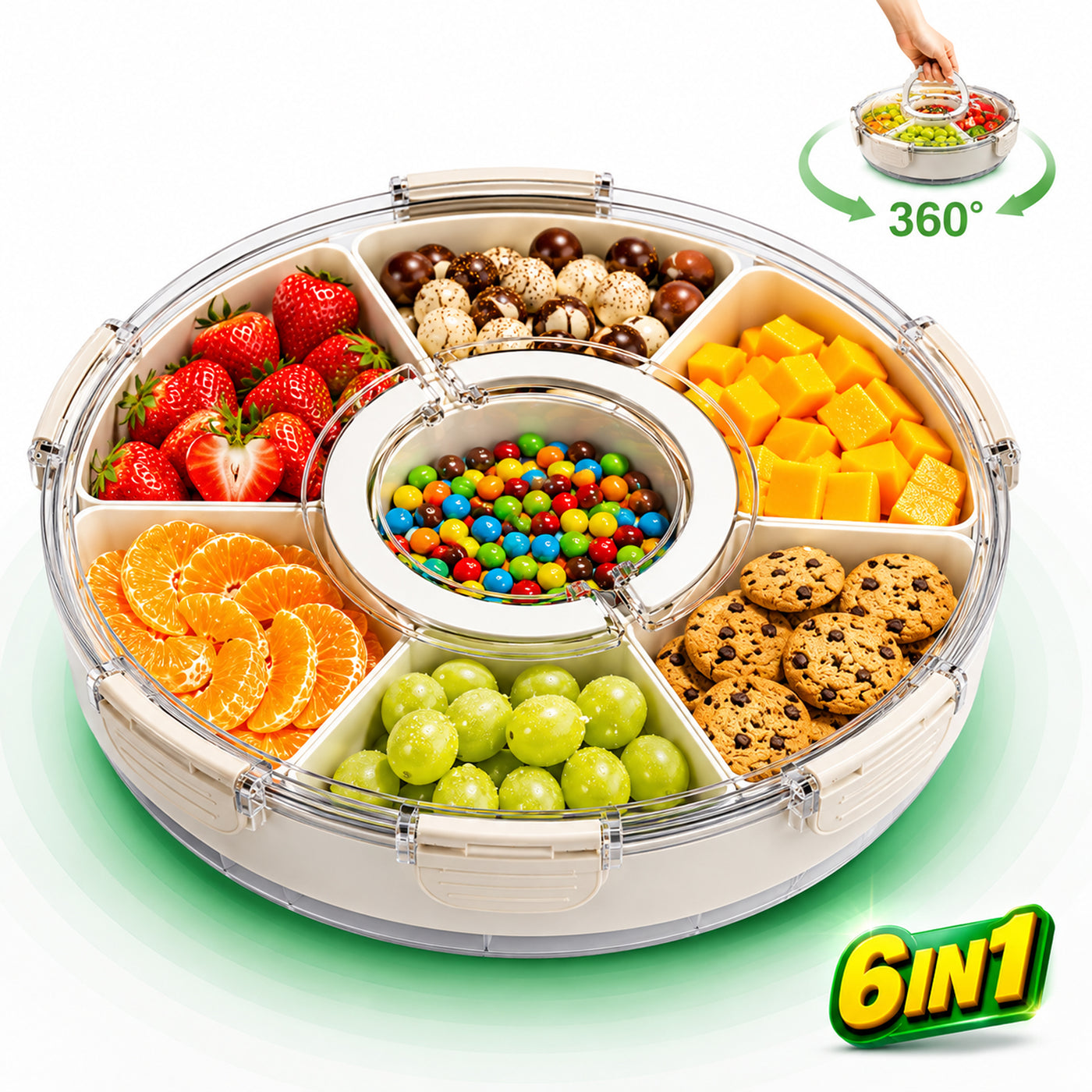 Cutie Alimentara Rotunda Mare 6 Compartimente, Model Rotativ, Bej