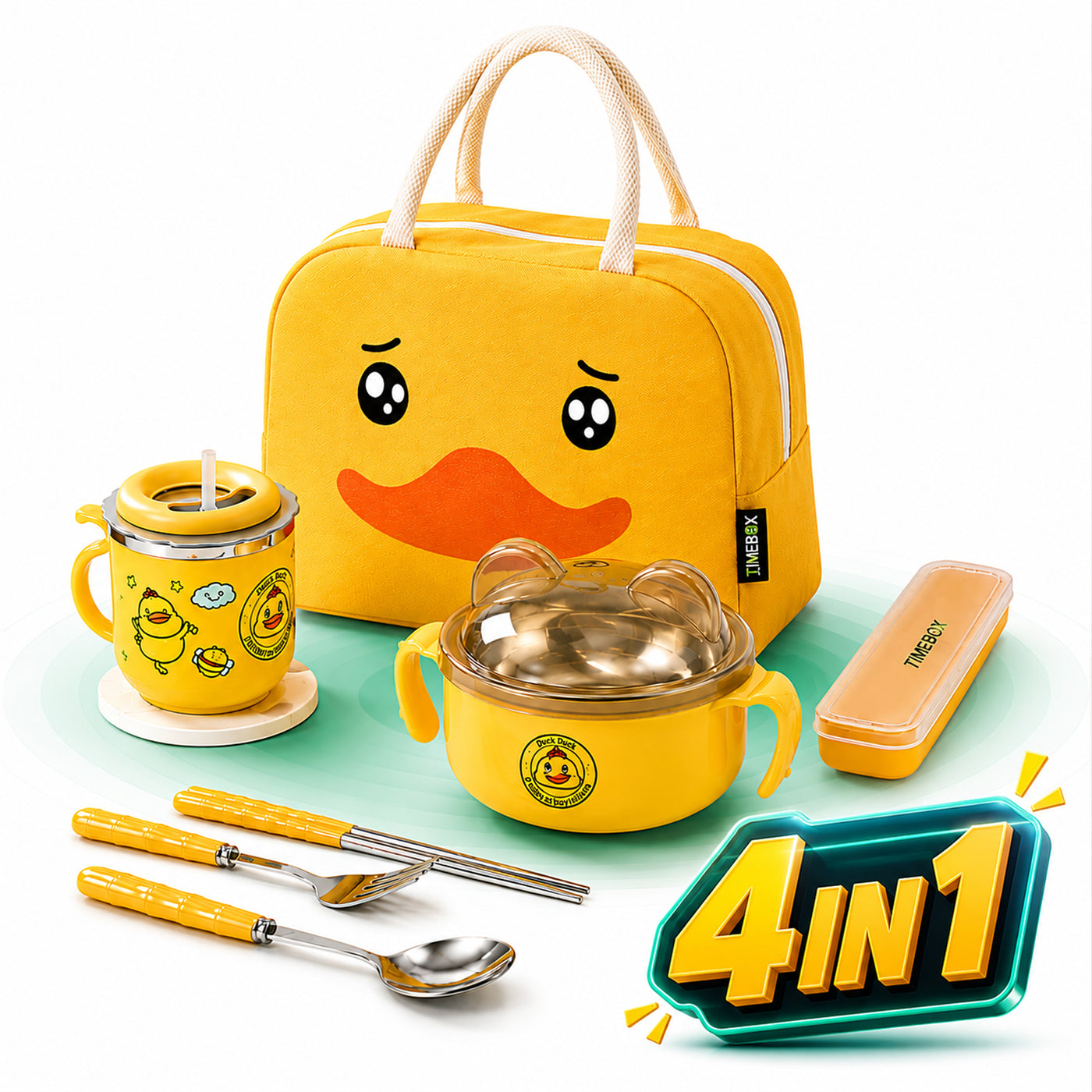 Cutie Pranz Copii Timebox din Inox 304, Timebox, Bol, Cana, Tacamuri, Saculet Inclus, Galben