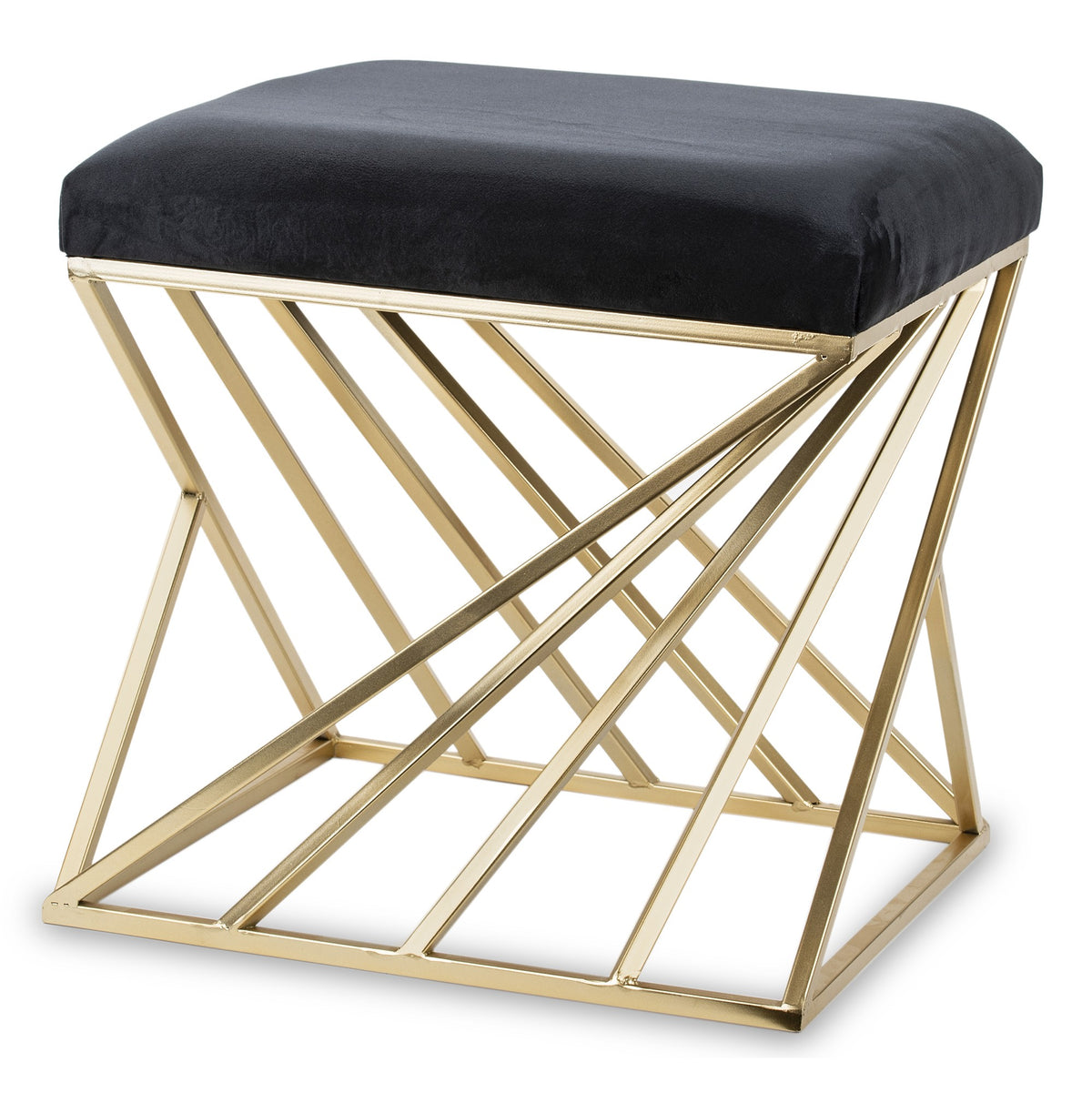 Taburet cadru metalic auriu, sezut catifea neagra, 47x46x46 cm