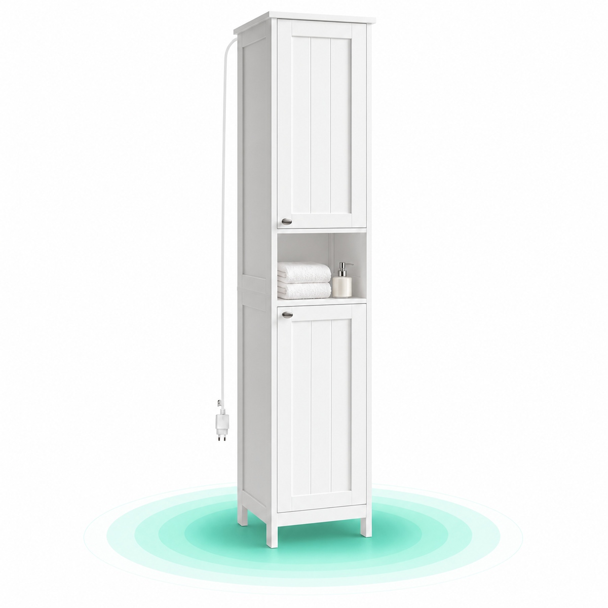 Dulap baie inalt si ingust cu lumina LED, rafturi reglabile, MDF lacuit, 30x30x170 cm, alb