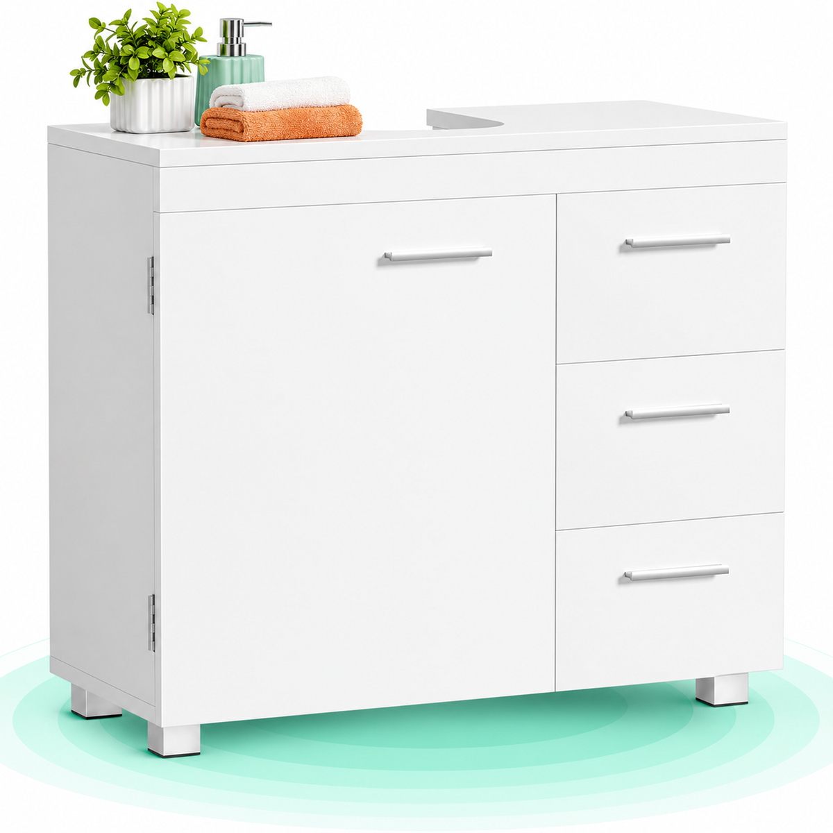 Dulap baie sub lavoar, 3 sertare, usa si raft reglabil, MDF, 70x30x64 cm, alb