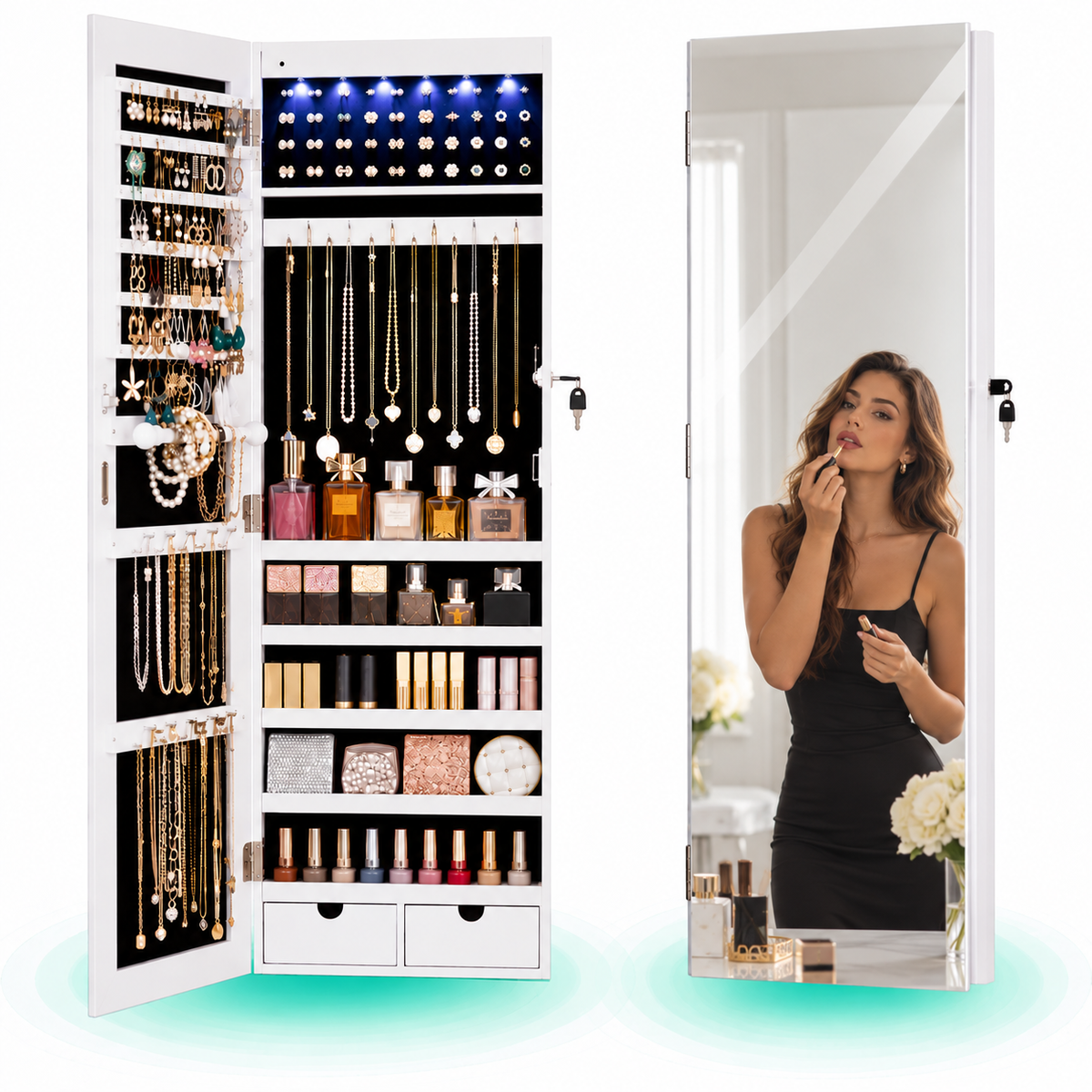 Dulap de bijuterii cu oglinda, montare pe perete, lumini LED, 37x10x120cm, alb