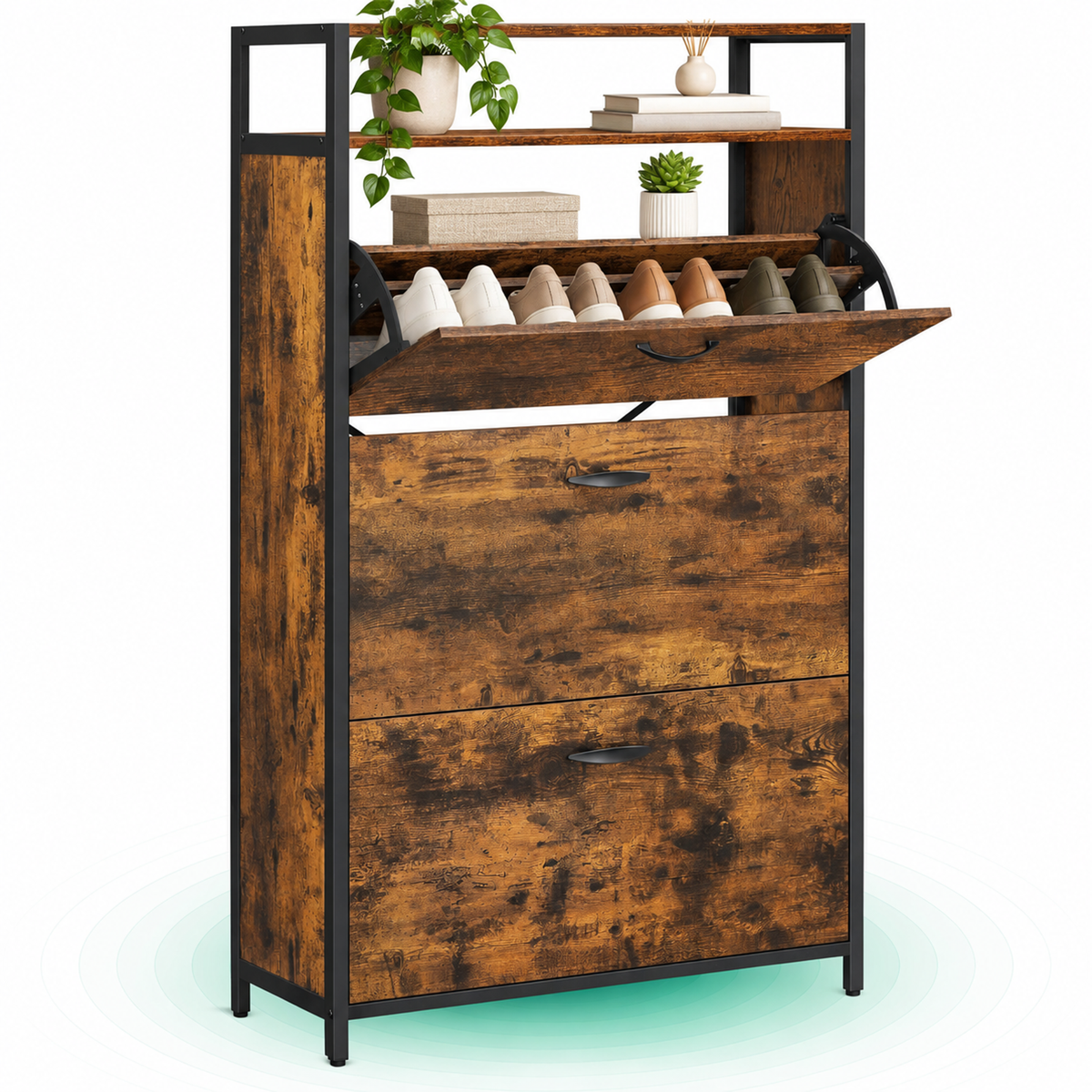 Dulap pantofi din MDF cu 3 usi basculante, pentru 15-24 perechi, 80x30x130cm, maro rustic