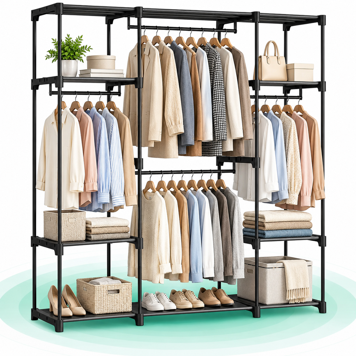 Dulap portabil pentru haine cu 4 bare de suspendare si rafturi, structura metalica, 151x43x166 cm, negru
