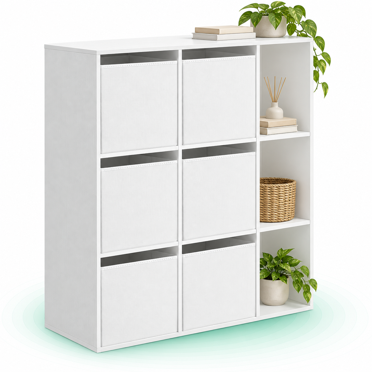 Etajera modulara 9 compartimente cu 6 sertare, PAL si MDF, 83x27x92 cm, alb
