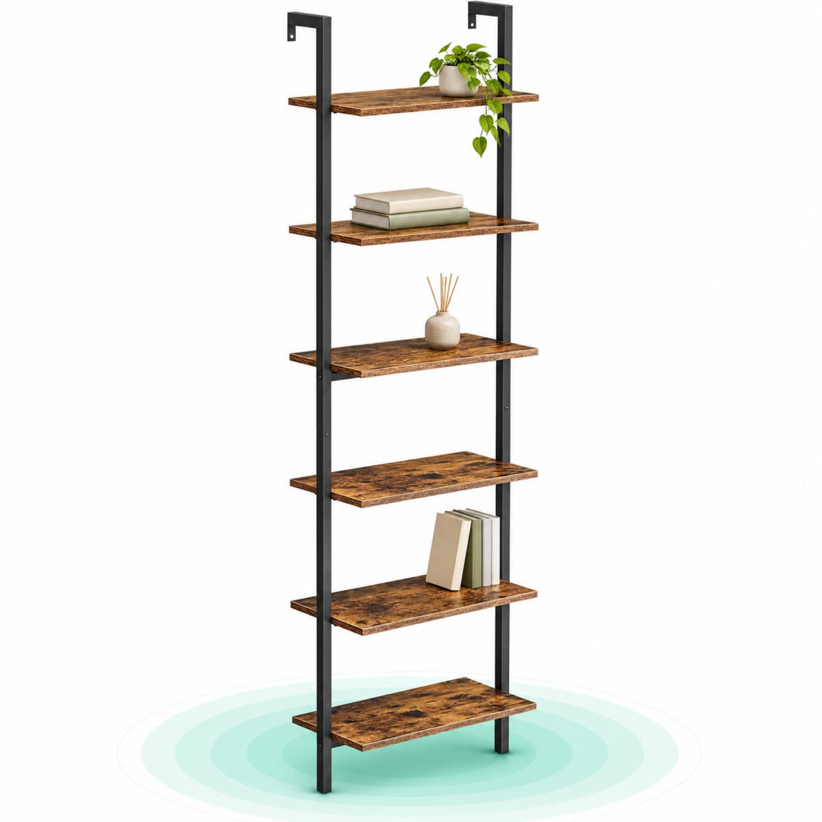 Etajera tip scara 6 rafturi, PAL si cadru metalic, 60x30x205 cm, maro rustic