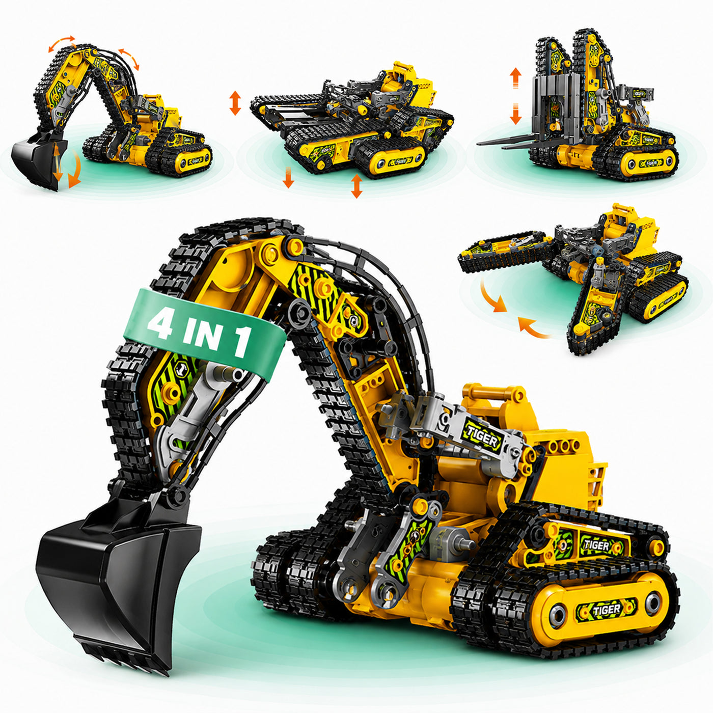 Excavator cu telecomanda 4 in 1, Jucarie STEM 7-14 Ani, Tanc, Galben