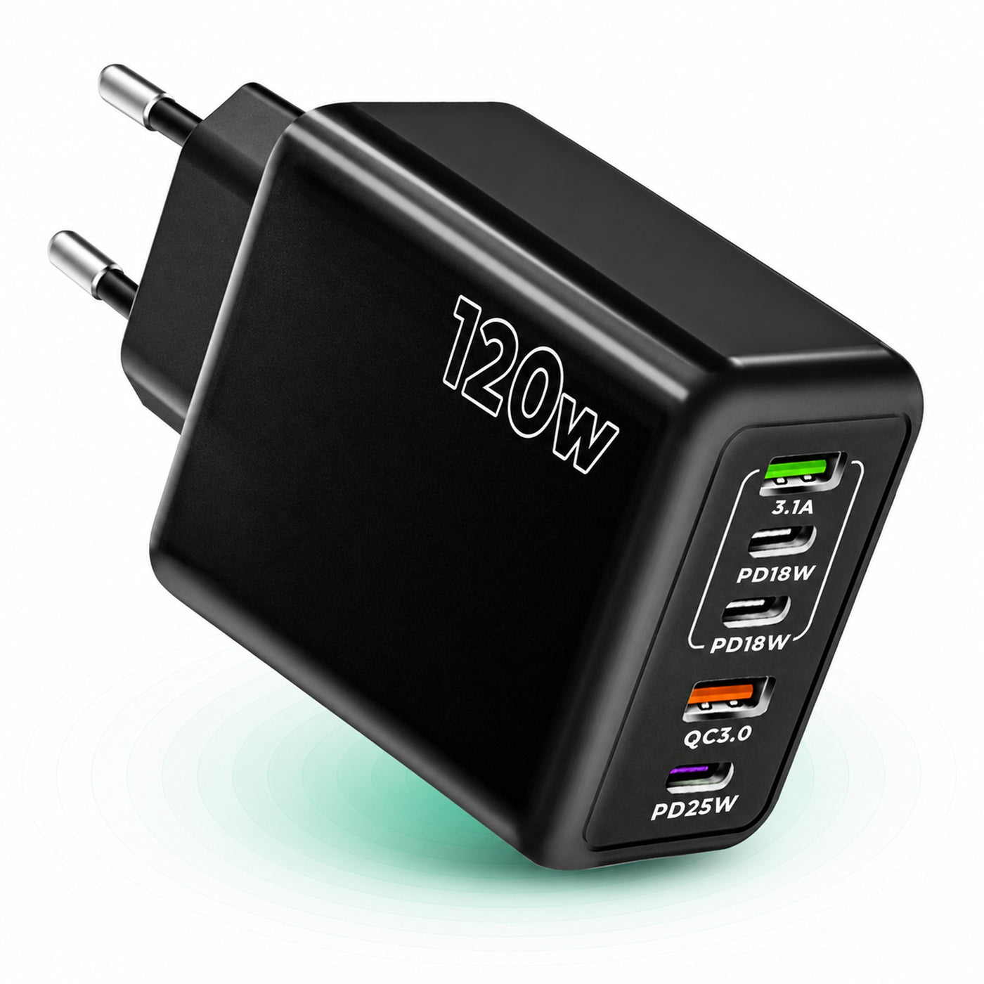 Incarcator Retea Timebox, 5 Porturi, 120W, 3 x Type-C, 2 x USB, Negru