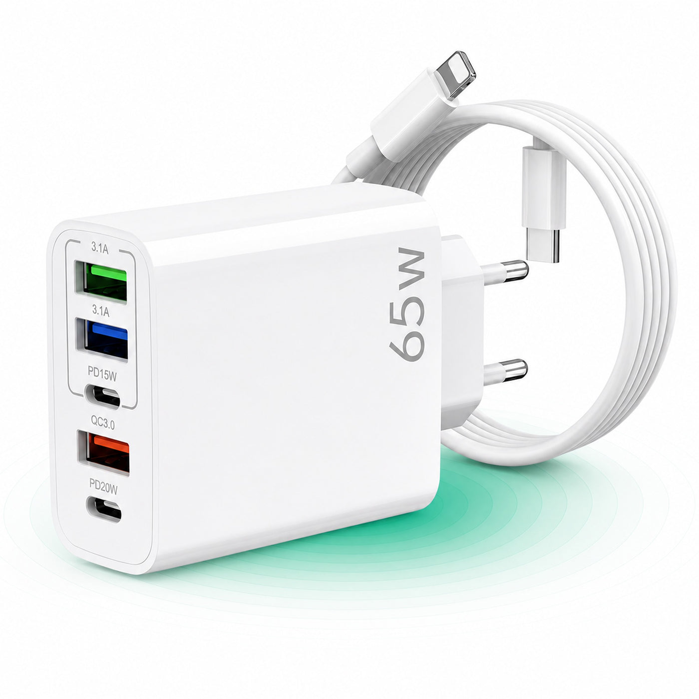 Incarcator Retea, Lightning la USB-C, 65W, 5 Porturi, 3 x USB, 2 x Type-C, Alb