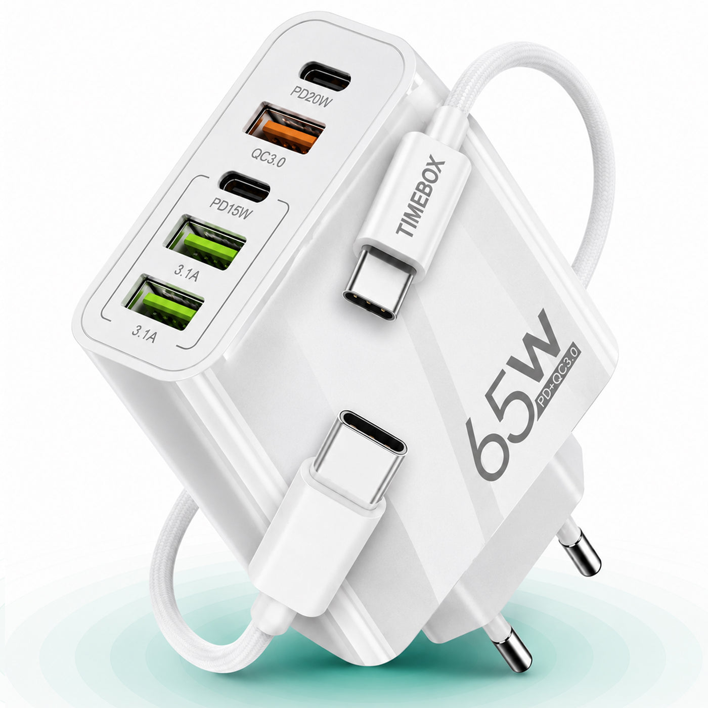 Incarcator Retea, 65W, 5 Porturi, 3 x USB, 2 x Type-C, Alb