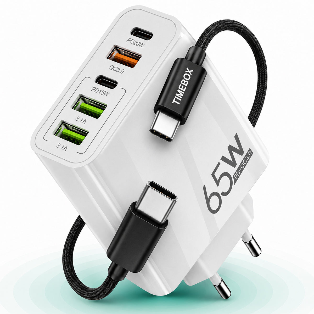 Incarcator Retea, 65W, 5 Porturi, 3 x USB, 2 x Type-C, Alb