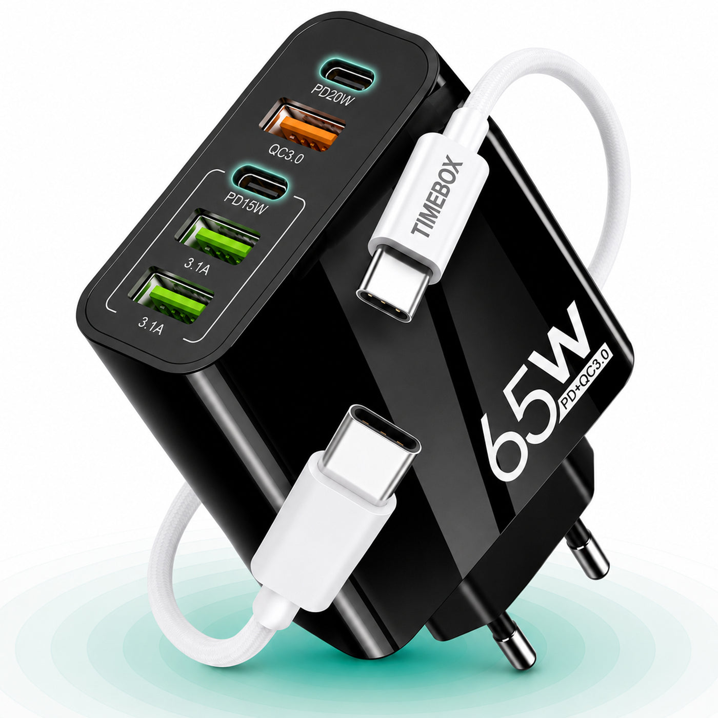 Incarcator Retea, 65W, 5 Porturi, 3 x USB, 2 x Type-C, Negru
