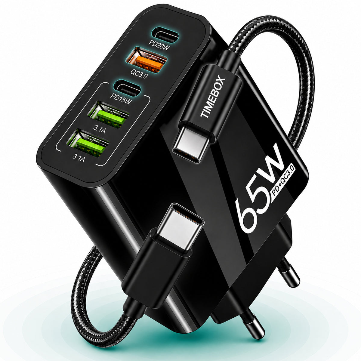 Incarcator Retea, 65W, 5 Porturi, 3 x USB, 2 x Type-C, Negru