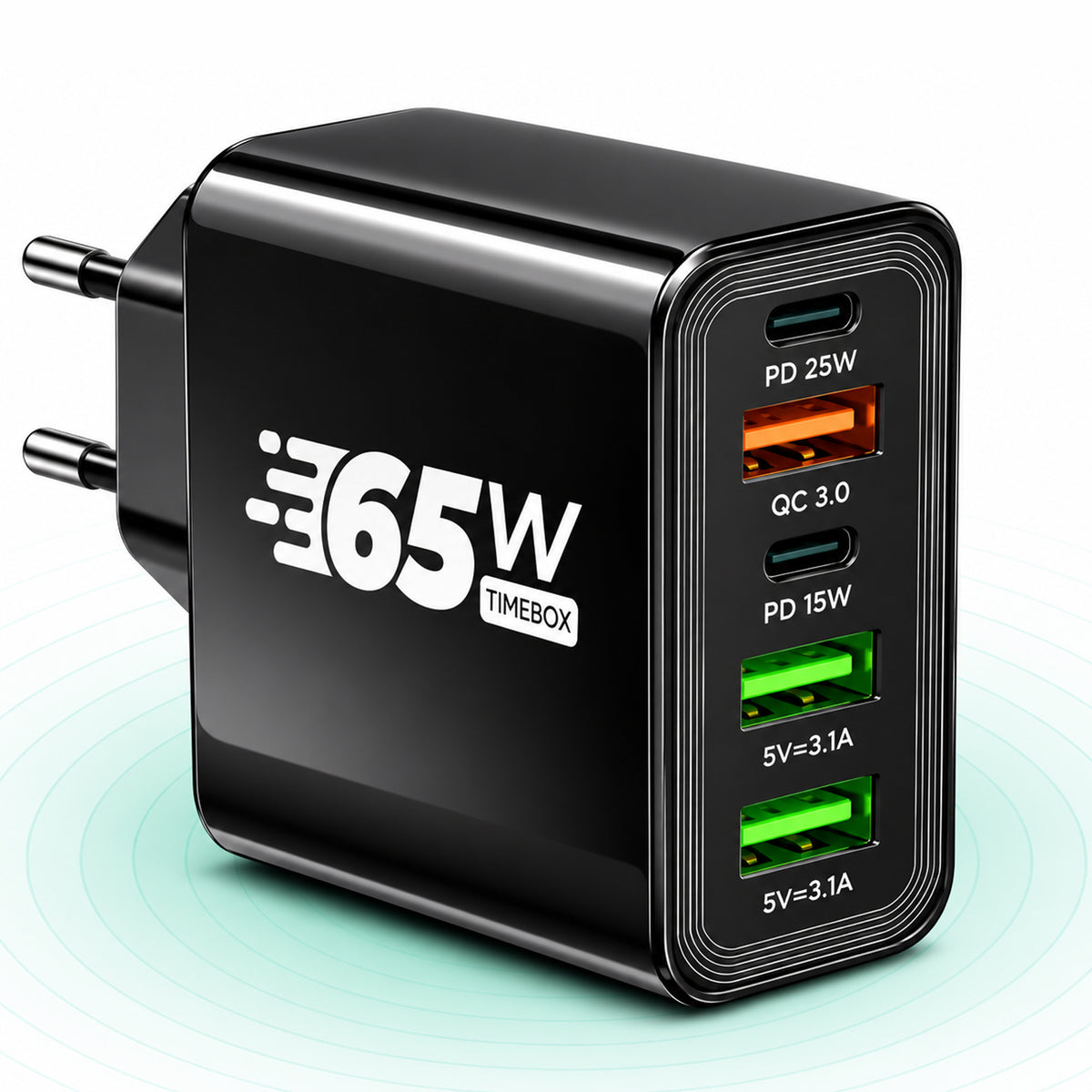 Incarcator Retea, 5 Porturi, 65W, 3 x USB, 2 x Type-C, Negru