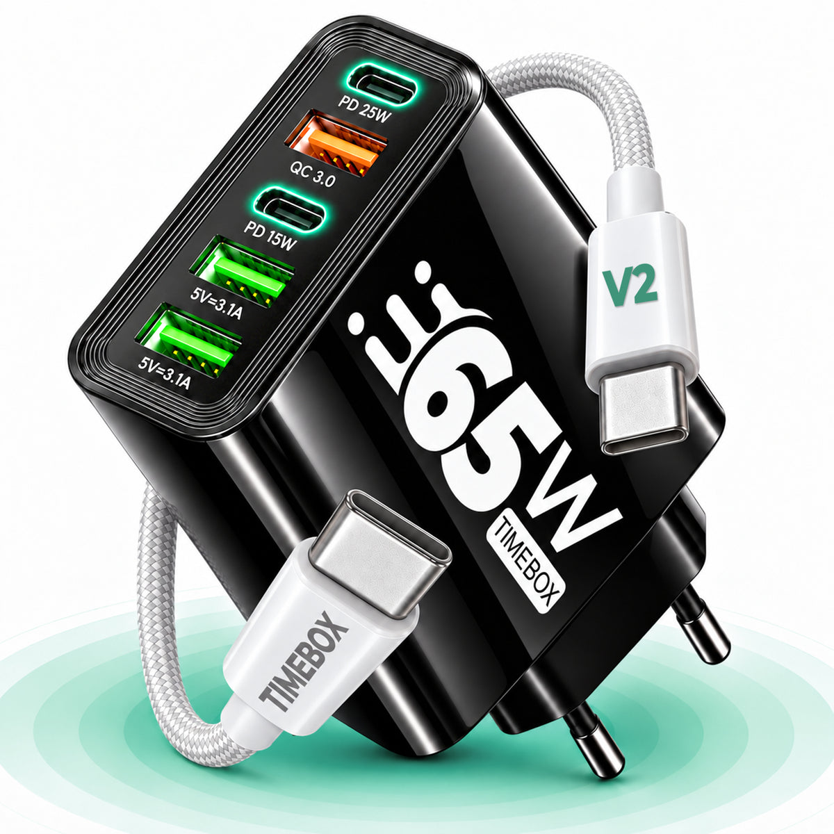 Incarcator Retea, 65W, 5 Porturi, 3 x USB, 2 x Type-C, Negru