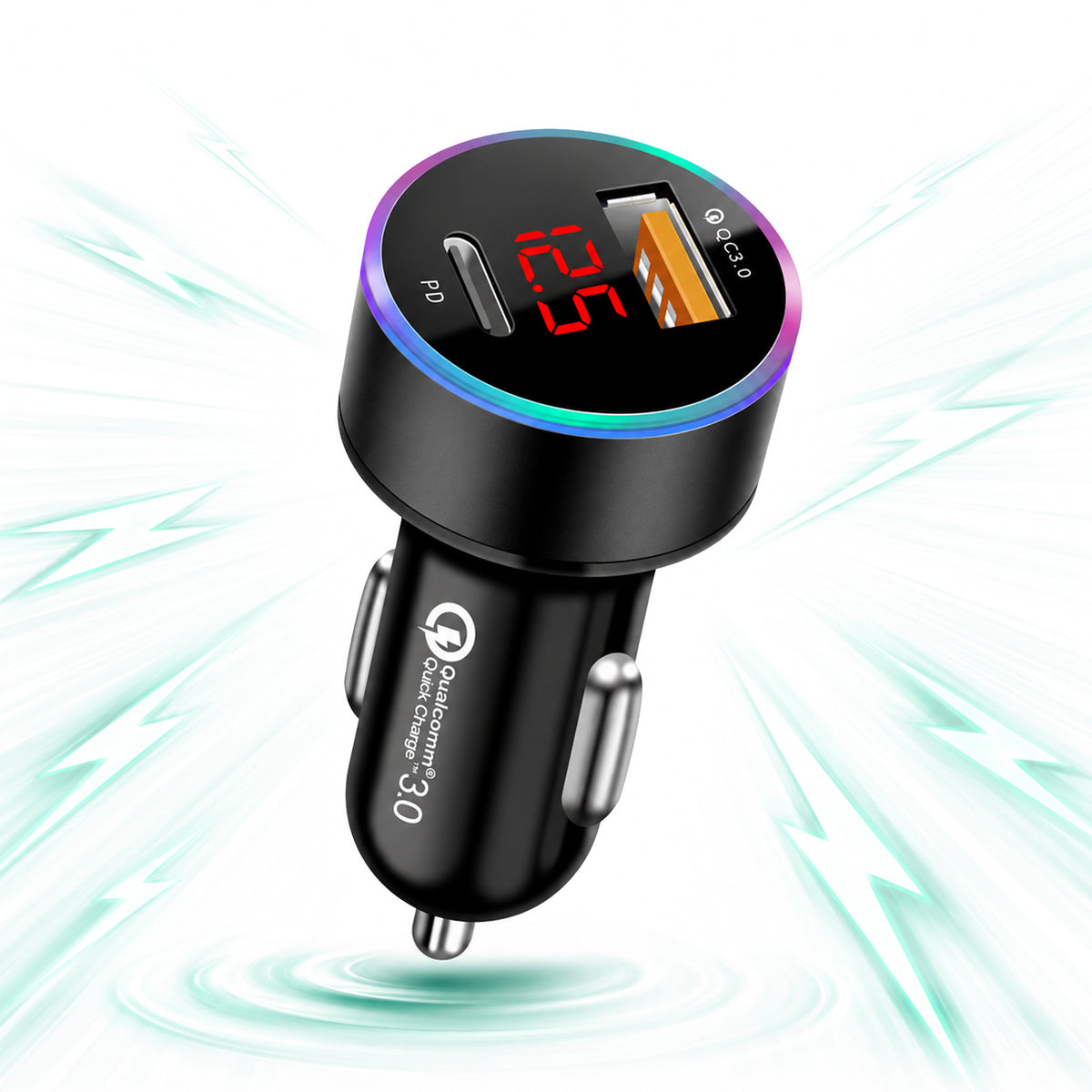 Incarcator auto, 36W, 1 x Type-C, 1 x USB , Quick Charger 3, Lumini LED, Negru