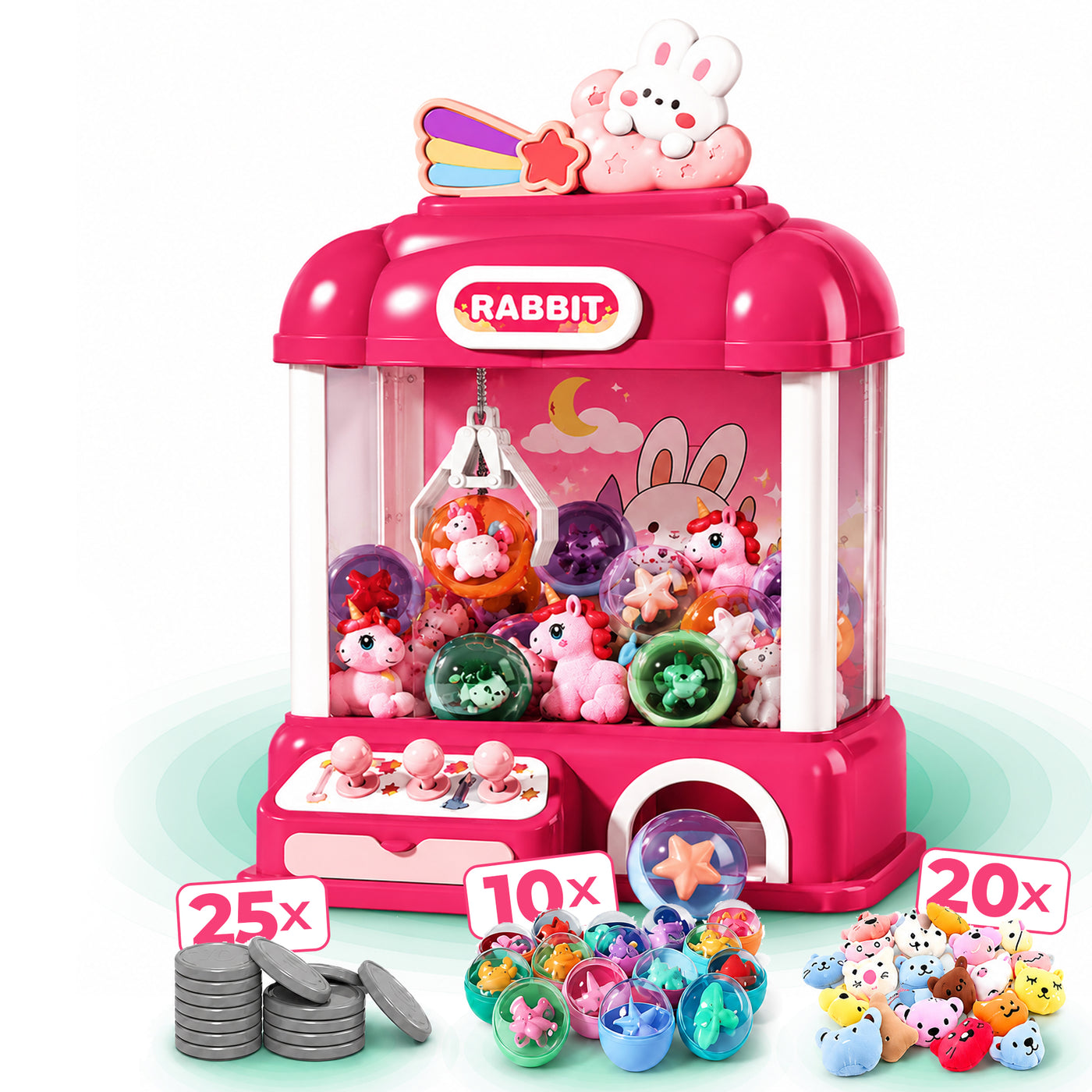 Jucarie interactiva copii, masina de prins jucarii claw machine, 20 plusuri, 10 capsule, Roz