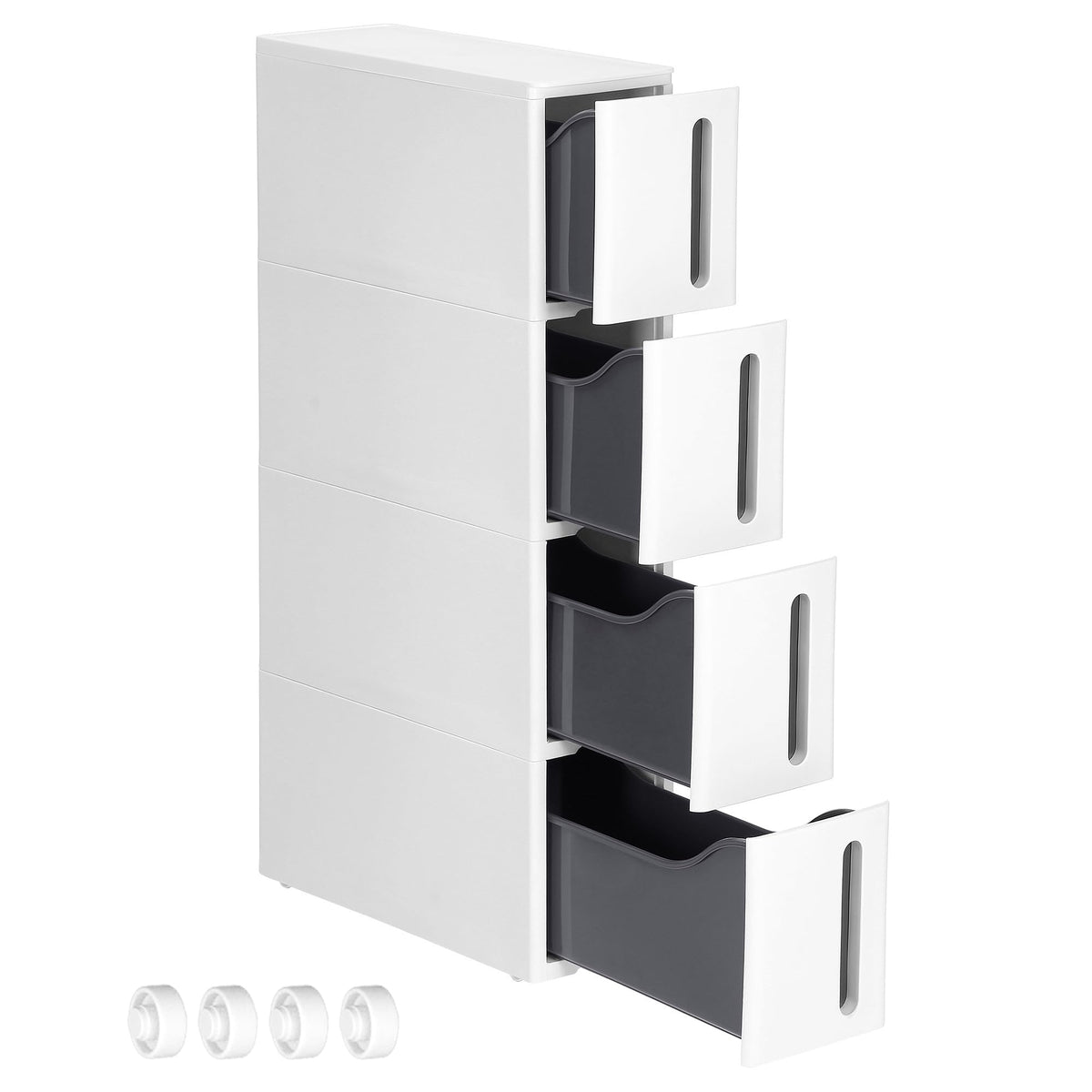 SONGMICS Etajera ingusta cu roti, pentru baie sau bucatarie, cu 4 sertare, 45x17x84 cm, alb