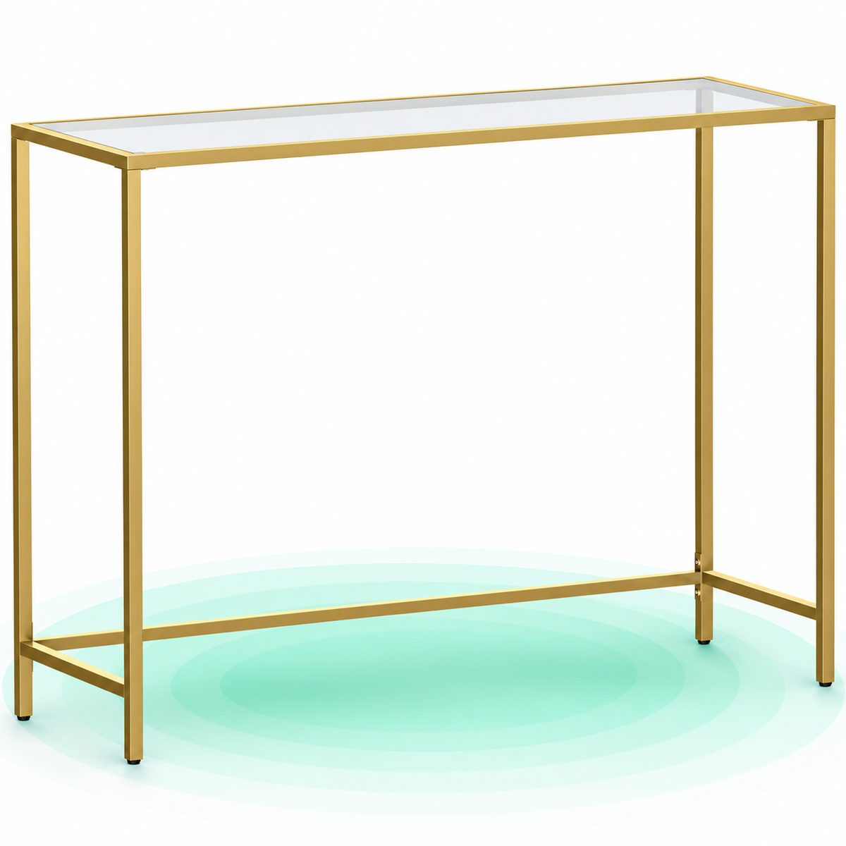 Masa consola cu blat din sticla securizata de 5 mm, cadru din otel, picioare reglabile, 100x35x80 cm, auriu