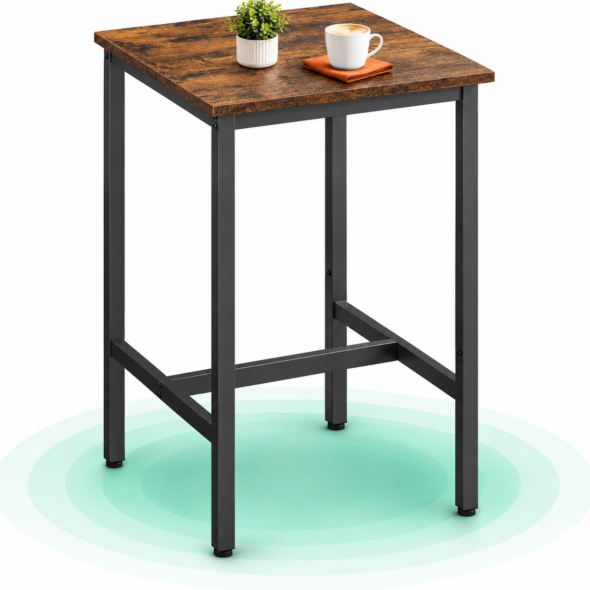 Masa de bar pentru bucatarie, patrata, inalta, cadru de otel, 60x60x92cm, stil industrial, maro rustic si negru