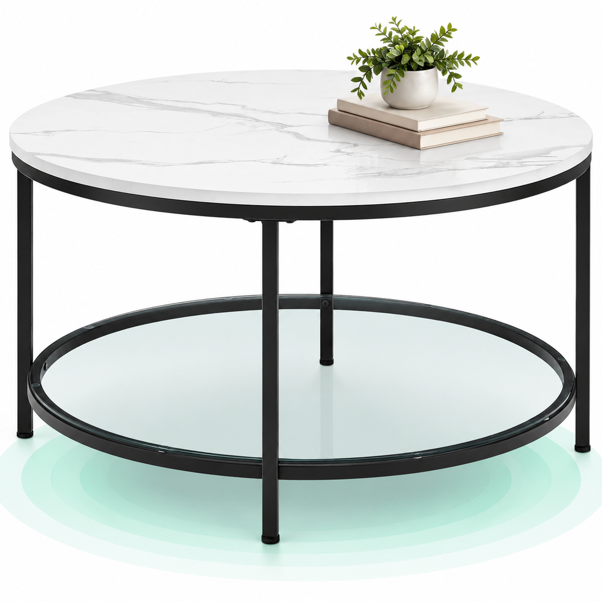 Masa de cafea rotunda cu blat din imitatie de marmura, polita suplimentara din sticla, 80x45cm, alb si negru