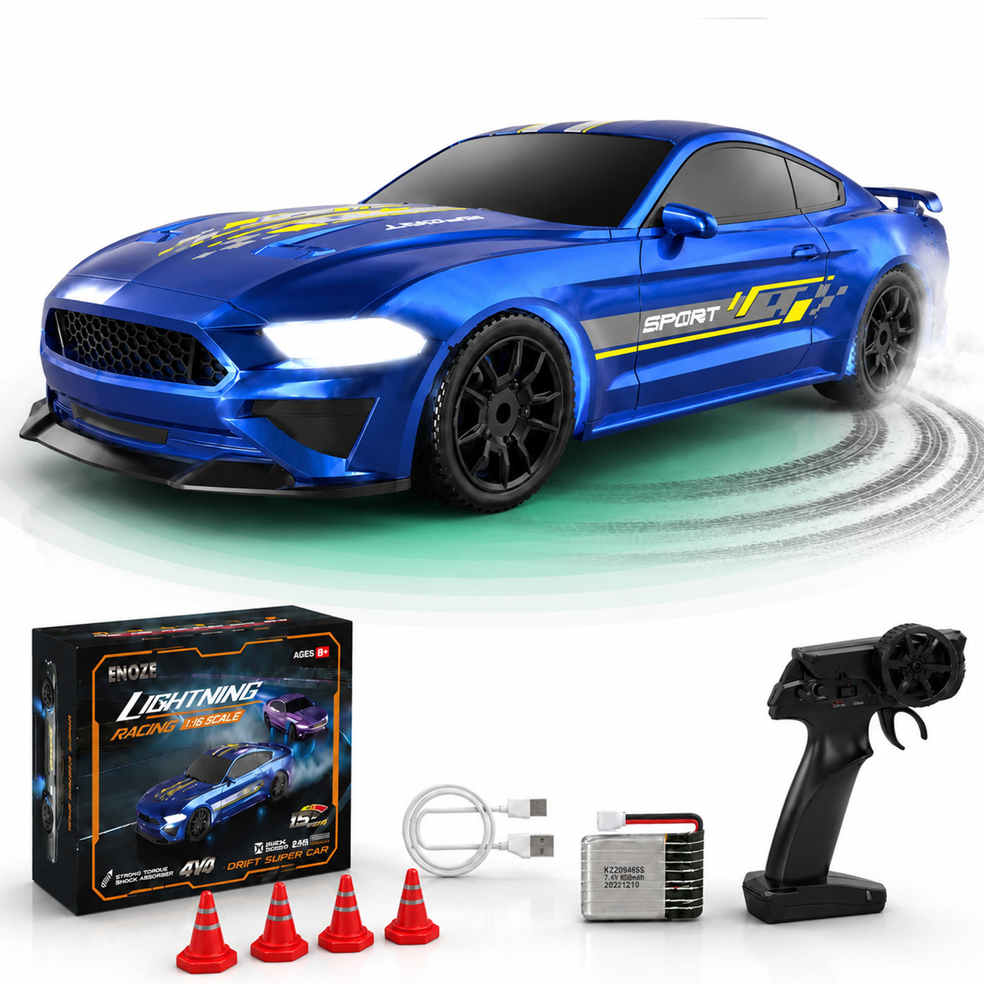 Masina RC Drift 1:43 cu Tractiune Integrala, 4 GHZ, Efecte Luminoase, Albastru