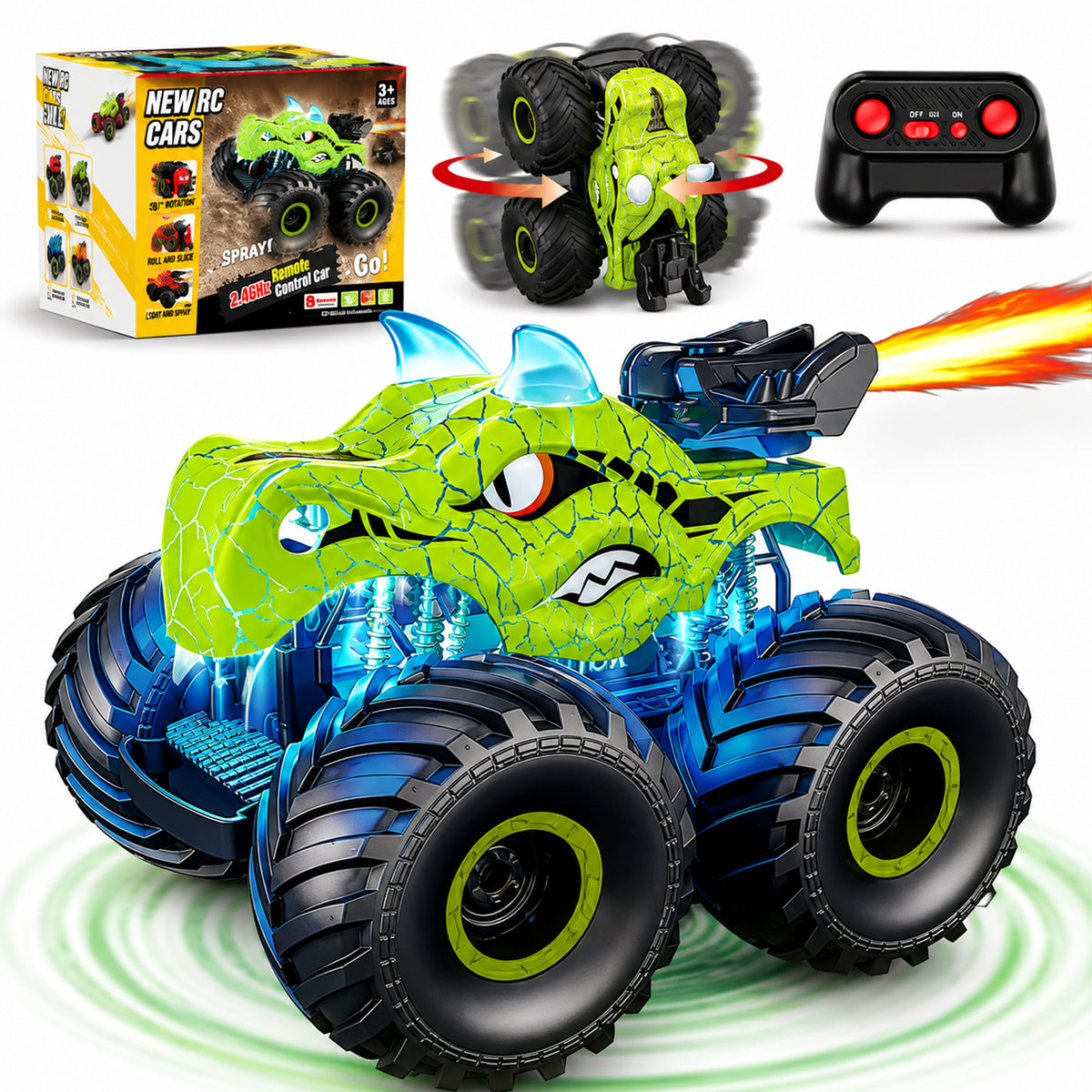 Masina cu telecomanda RC Timebox, 4x4, Dinozaur Monster Truck, lumini LED, Verde