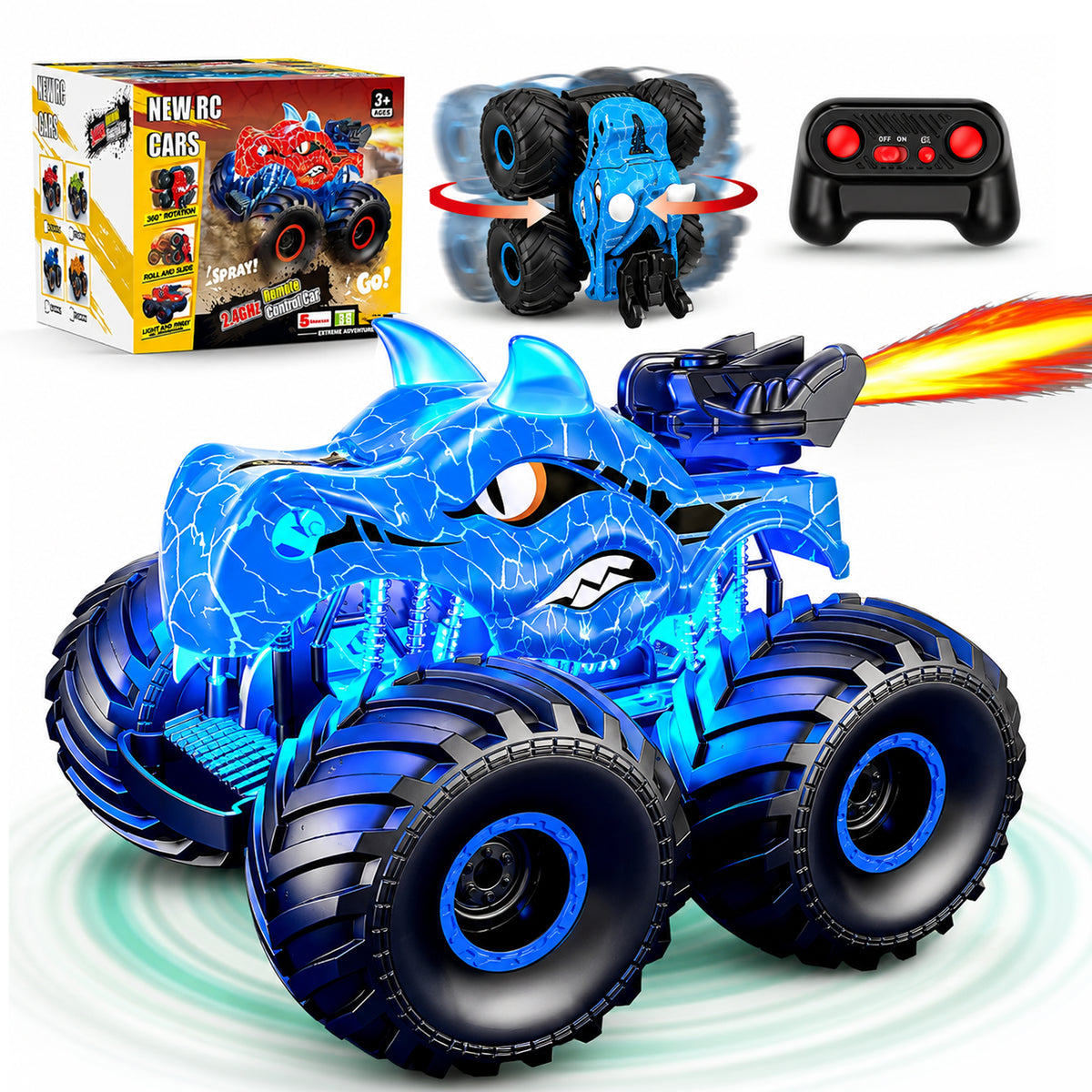 Masina cu telecomanda RC Timebox, 4x4, Dinozaur Monster Truck, Albastru