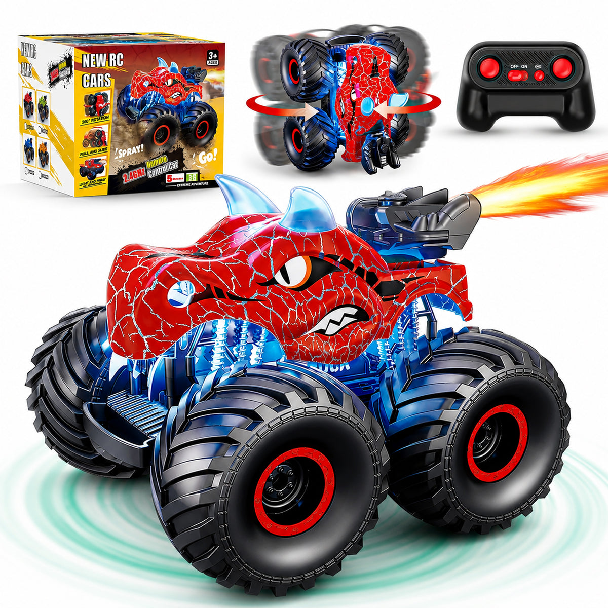 Masina cu telecomanda RC Timebox, 4x4, Dinozaur Monster Truck, lumini LED, Rosu