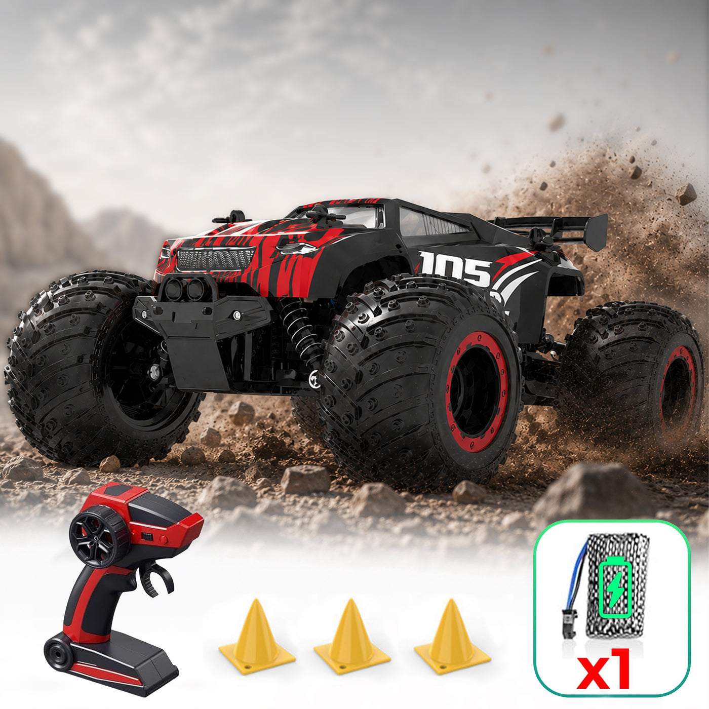 Masina cu telecomanda RC Off-Road Monster Truck Timebox, 20 km/h, 4WD, Negru/Rosu