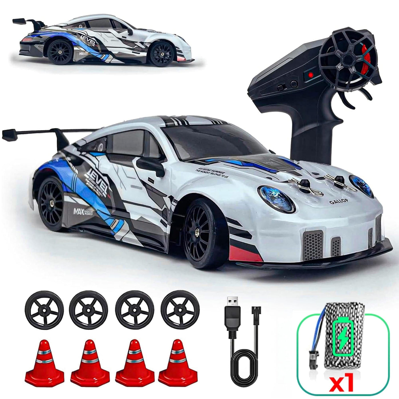 Masina RC cu Telecomanda Timebox, Drift Car 1:24, 4WD, 20km/h, LED-uri, Gri - Imagine 1