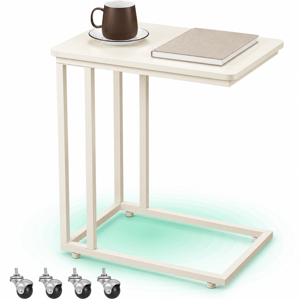 Masuta de cafea, cu cadru de otel si roti, stil industrial, 35x50x60 cm, crem