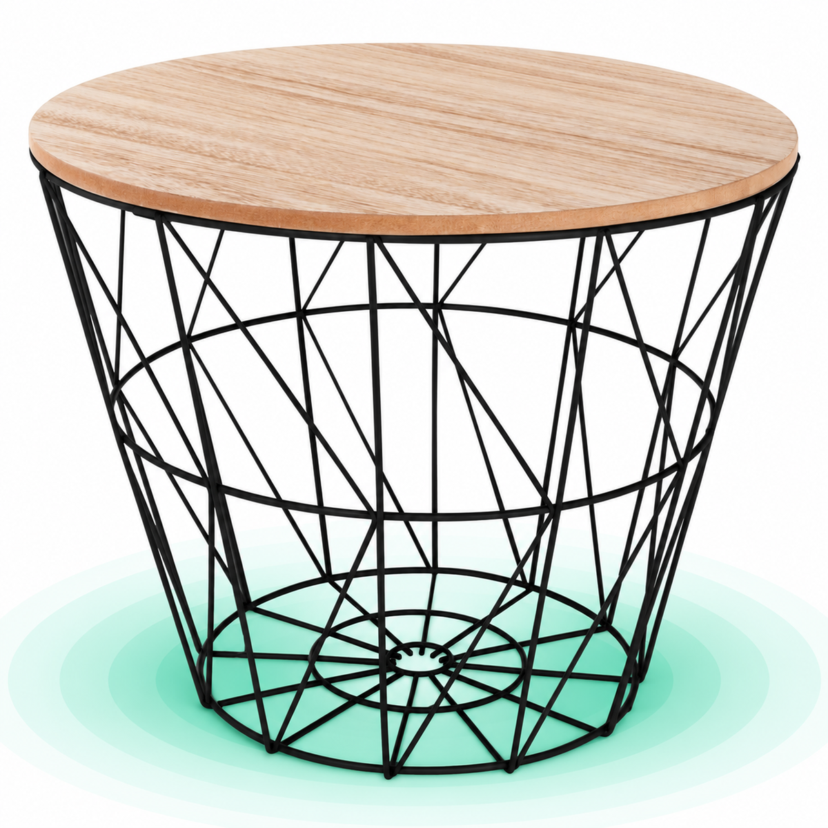 Masuta de cafea rotunda, blat aspect lemn, cadru geometric, 38x30 cm, negru