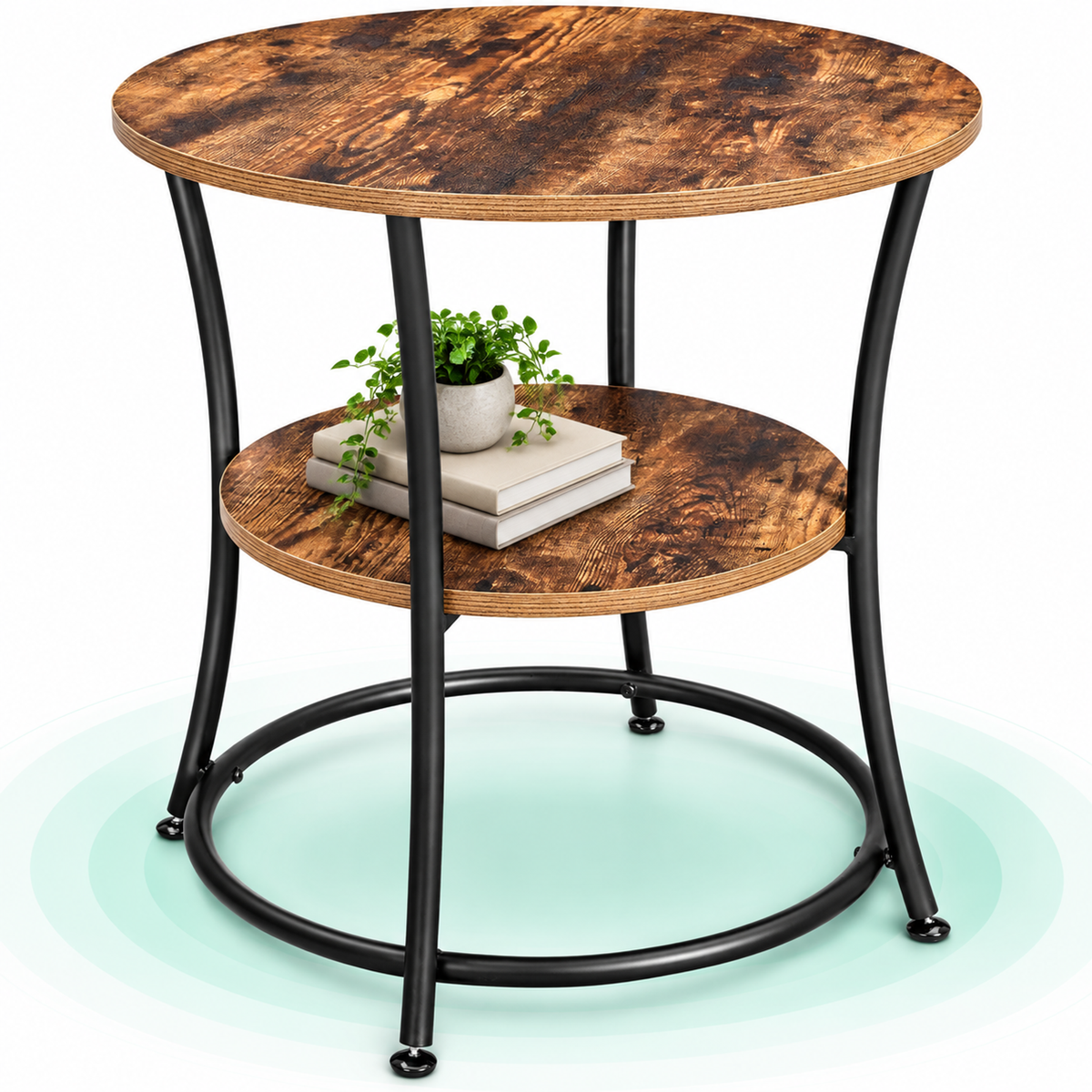 Masuta laterala rotunda, tip noptiera, cu 2 rafturi, cadru de otel, 55x55cm, maro rustic