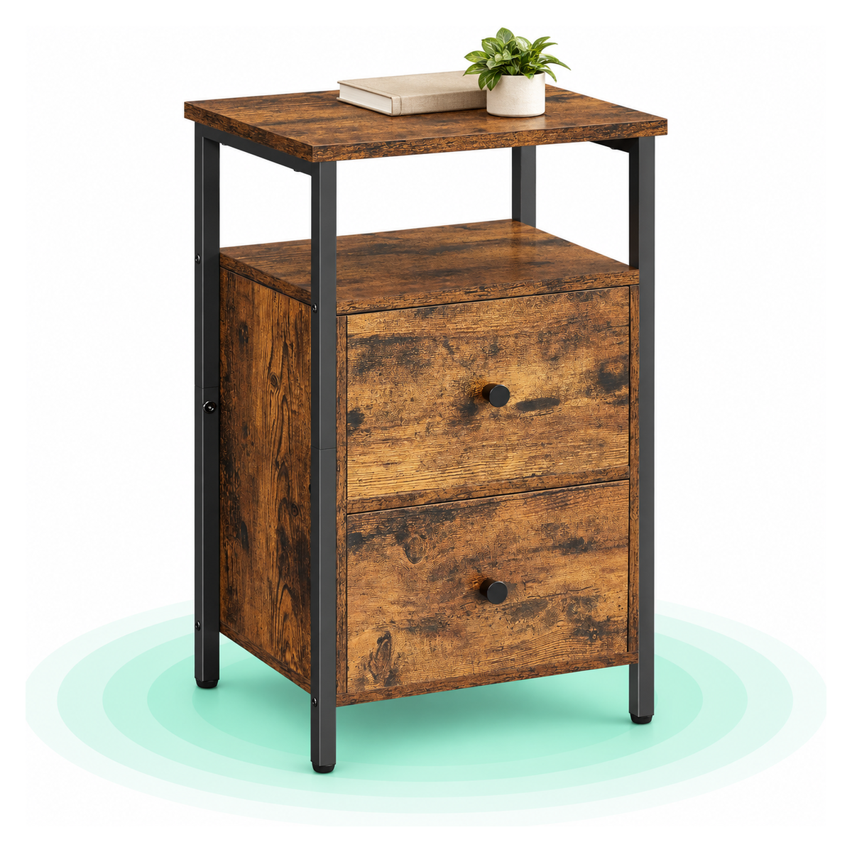 Noptiera cu 2 sertare pentru dormitor, design industrial, 28x38x60cm, maro si negru