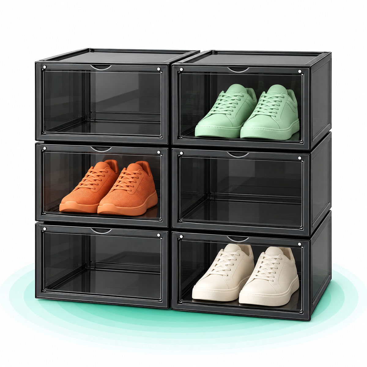Organizatoare pantofi, transparente cu usa frontala, stivuibile, PVC, 6 cutii x 36x28x22 cm, negru