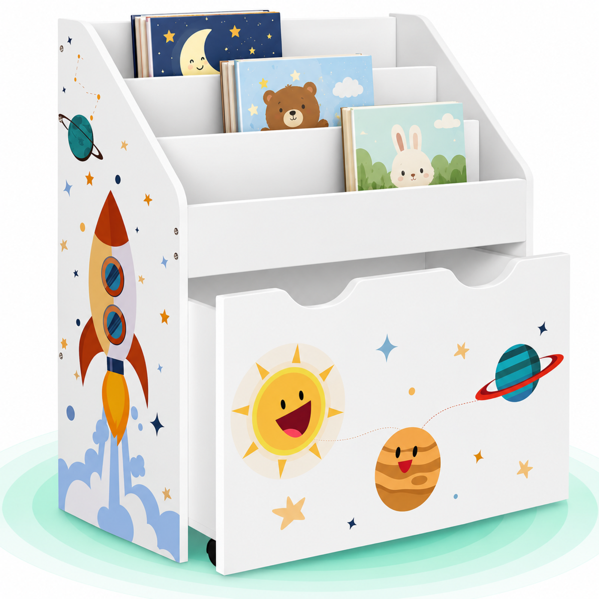 Organizator de jucarii si carti pentru copii, multifunctional, cutie detasabila cu roti, 63x30x70cm, alb