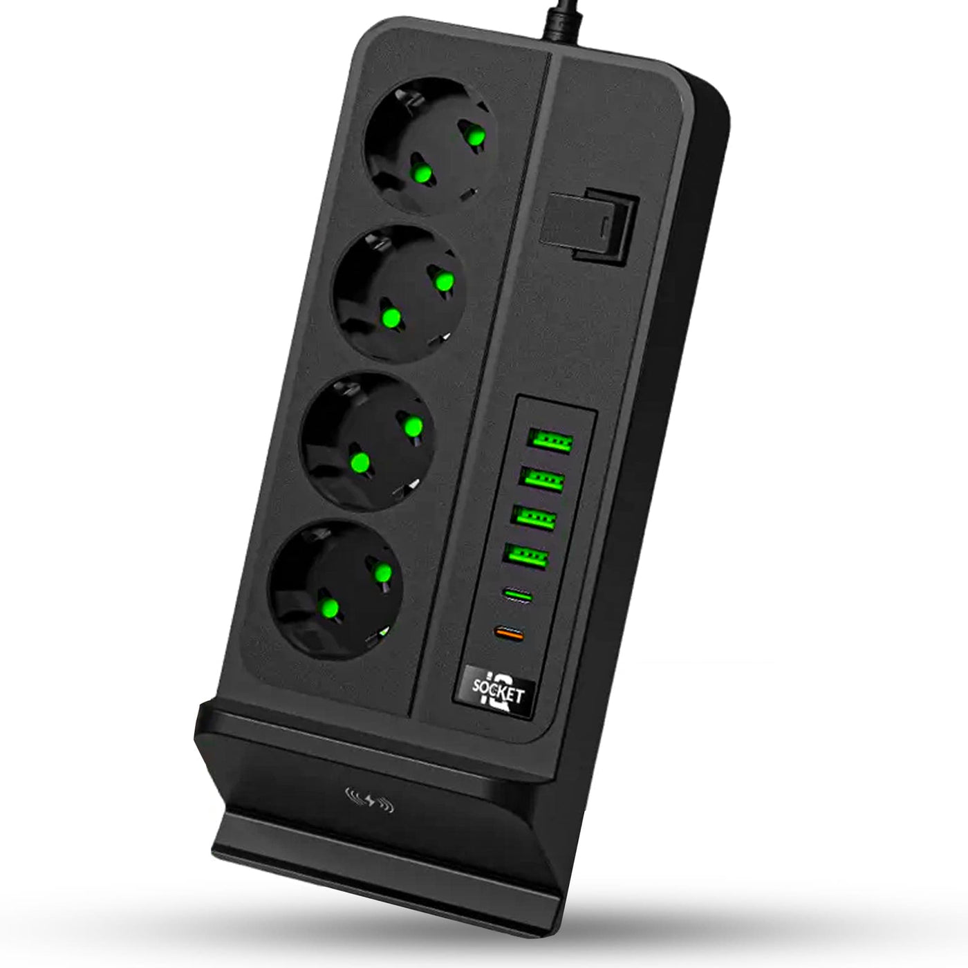 Priza Timebox, standard cu comutator 3000W, 4 x USB, 2 x Type-C, 4 prize, Negru - Imagine 1