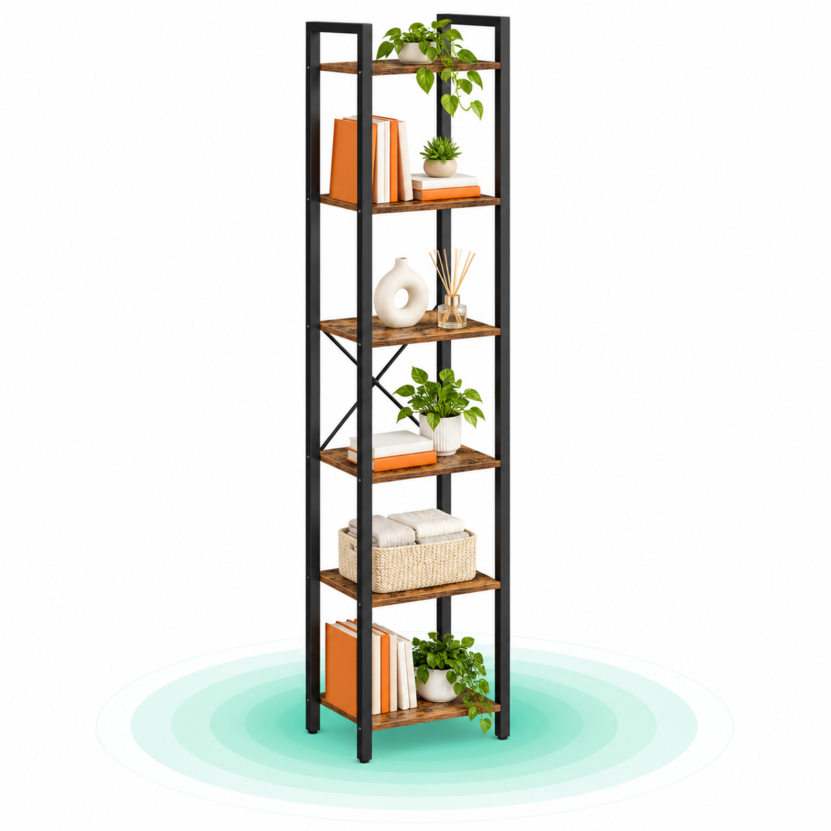 Raft cu 6 etaje, tip biblioteca, cadru metal si polite lemn, 30x40x187cm, industrial, maro rustic si negru