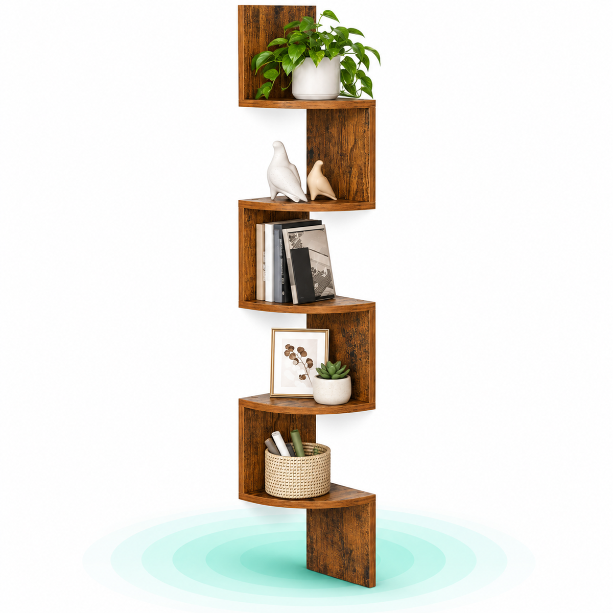 Raft de colt suspendat cu 5 niveluri, PAL melaminat, 20x20x127,5 cm, maro rustic
