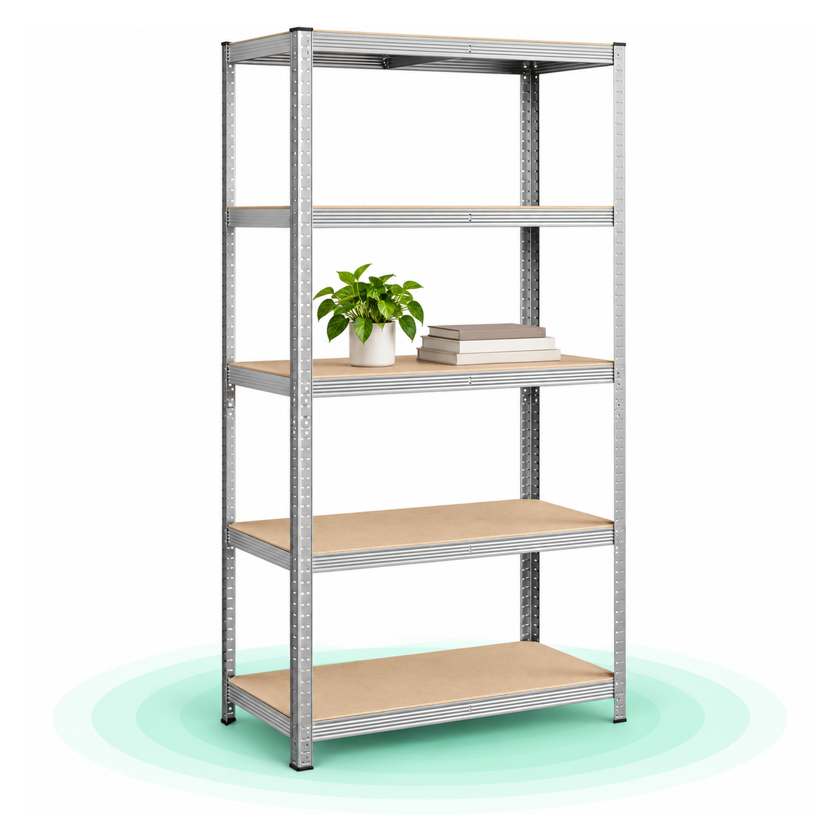 Raft de depozitare metalic, cu rafturi din MDF, 5 polite, max. 600 kg, 200x100x50cm, argintiu